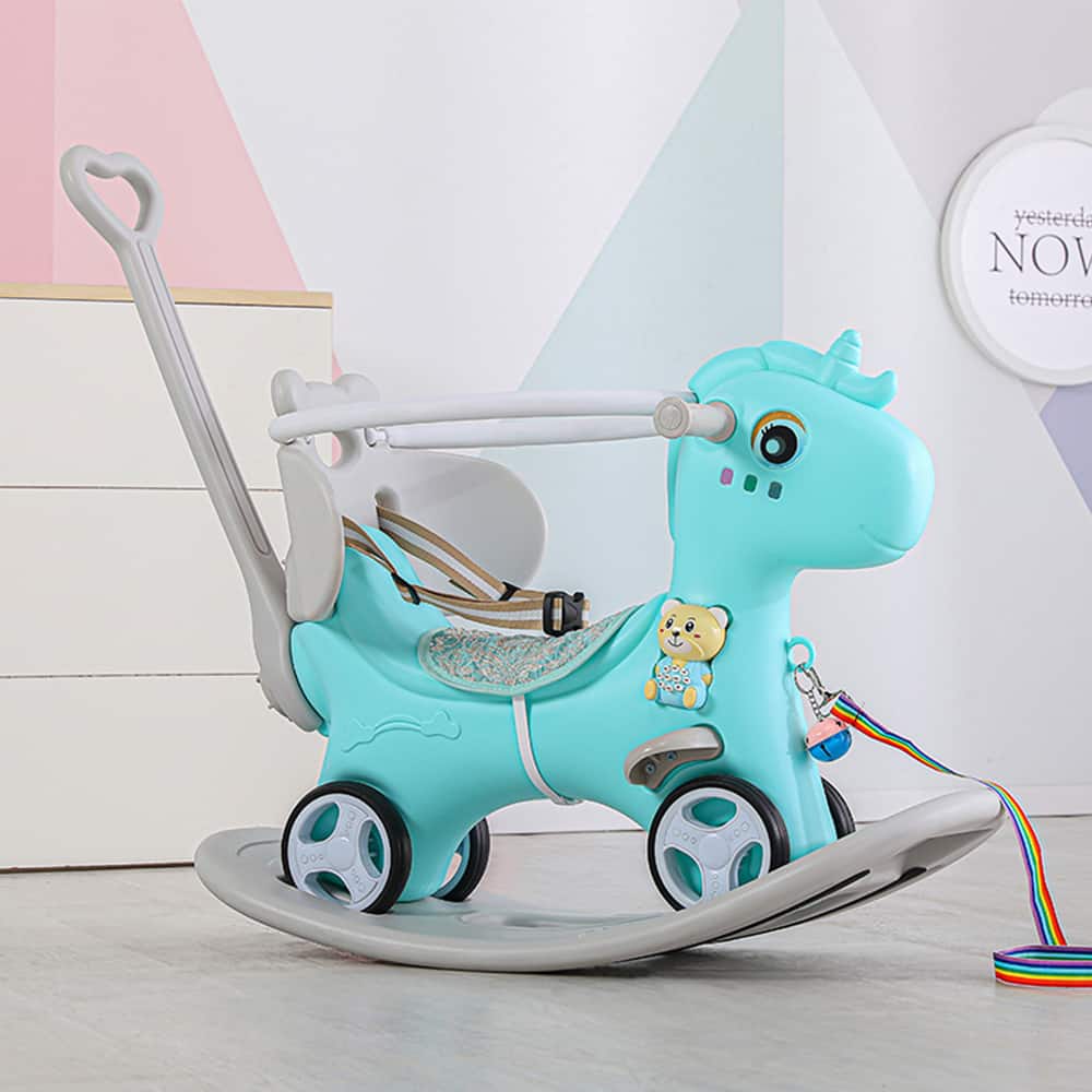 Siljoy - Unicorn Rocking Horse Toy, 4-in-1 Ride On, Balance Bike, Push Handle, Backrest, for Age 1-3 - Blue