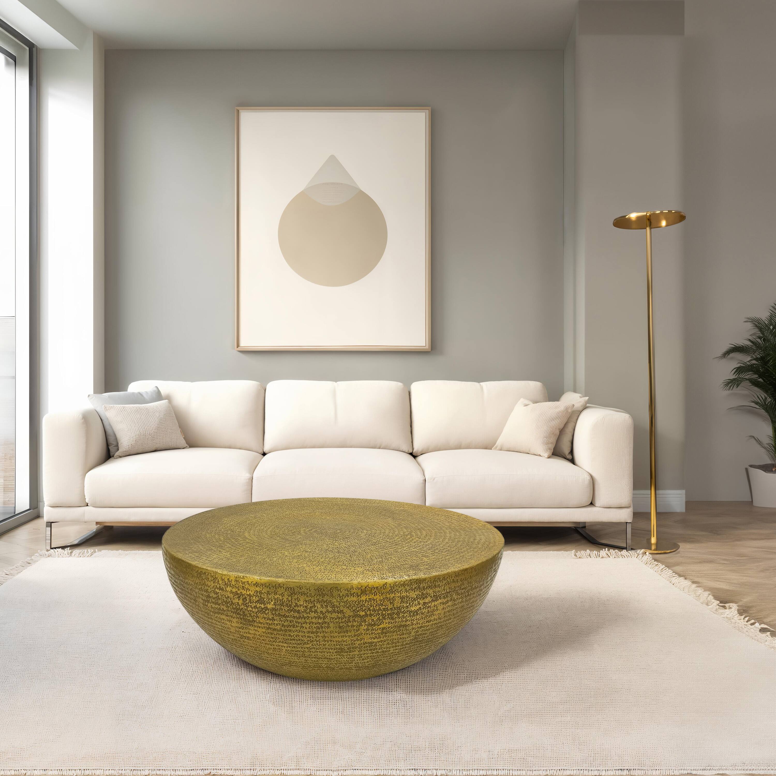 Alt View 9. Manhattan Lane - Terminus Coffee Table, 36 Inch Round Bowl Base with Hand Etched Texture, Antique Brass - Brass.