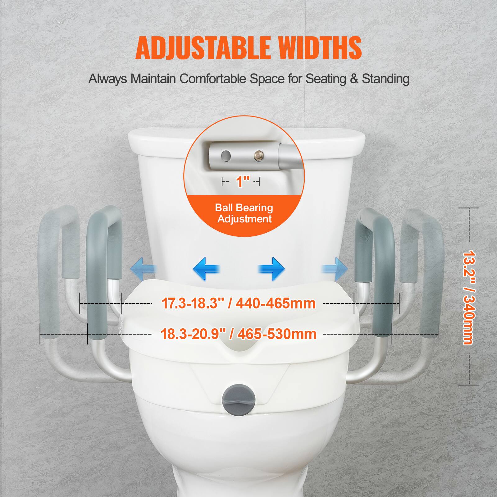 ADJUSTABLE WIDTHS, Always Maintain Comfortable Space for Seating & Standing, 1" Ball Bearing Adjustment, 17.3-18.3" / 440-465mm, 18.3-20.9" / 465-530mm, 13.2" / 340mm