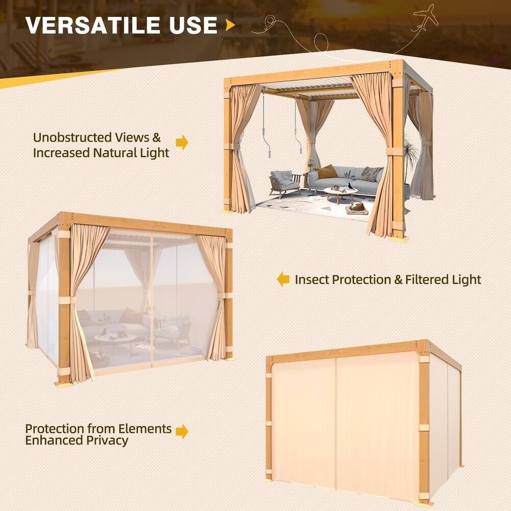 Alt View 1. U-HOMY - Wood Grain Aluminum Louvered Pergola Gazebo with Adjustable Rainproof Roof, Curtains & Netting - 10'x10'.