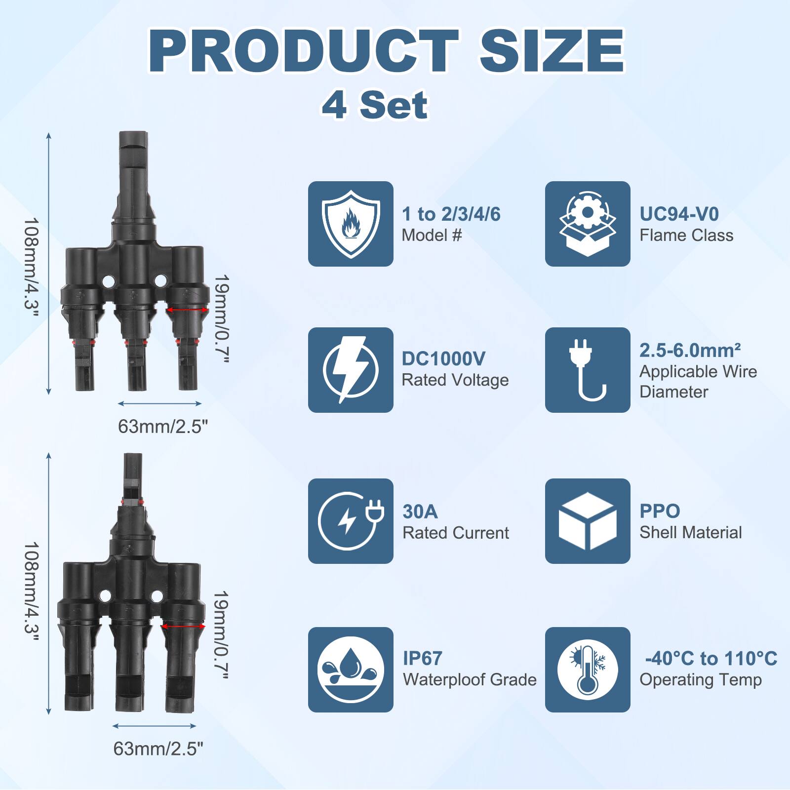 PRODUCT SIZE  
4 Set  
108mm/4.3"  
19mm/0.7"  
1 to 2/3/4/6  
Model #  
DC1000V  
Rated Voltage  
UC94-VO  
Flame Class  
2.5-6.0mm²  
Applicable Wire Diameter  
63mm/2.5"  
30A  
Rated Current  
IP67  
Waterproof Grade  
PPO  
Shell Material  
-40°C to 110°C  
Operating Temp