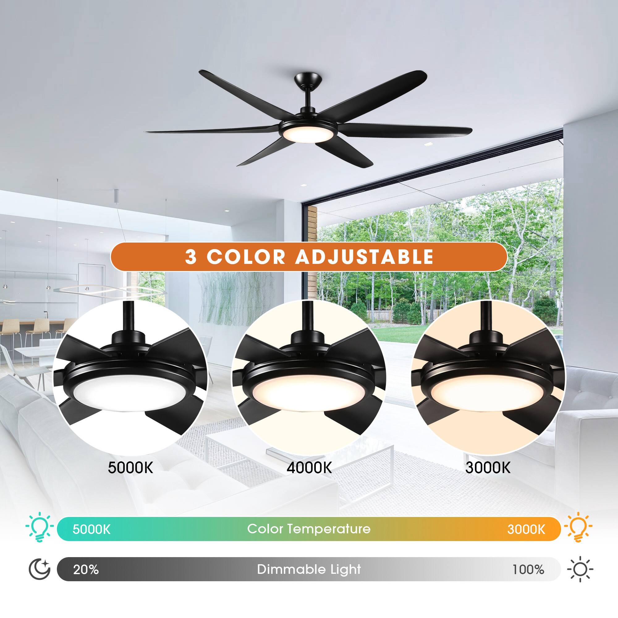 3 COLOR ADJUSTABLE

5000K 4000K 3000K

Color Temperature

Dimmable Light

5000K

20%

100%