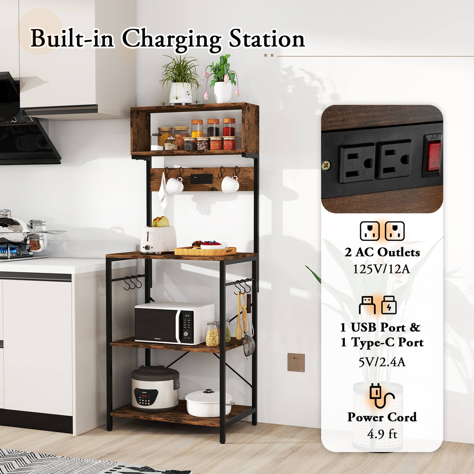 Built-in Charging Station

- 2 AC Outlets
  - 125V/12A

- 1 USB Port & 1 Type-C Port
  - 5V/2.4A

- Power Cord
  - 4.9 ft
