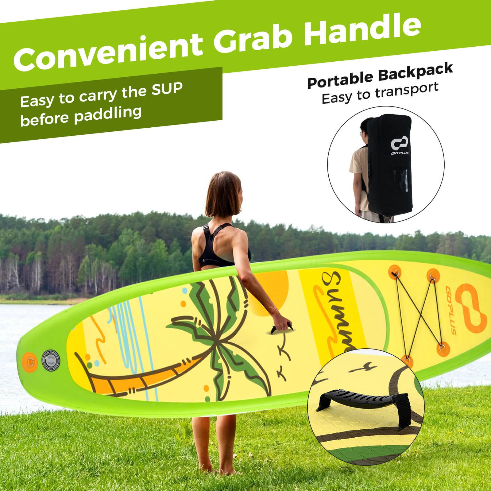 The text on the image is grouped and corrected as follows:

"Convenient Grab Handle Portable Backpack SUP: Easy to carry, easy to transport, easy to use before paddling."
