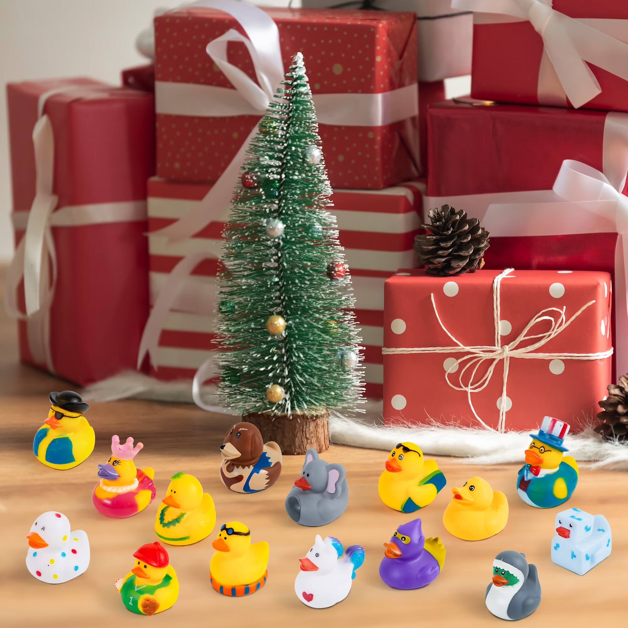Back. Joyfy - 15 Pcs Rubber Ducks Bath Toys Birthday Gifts for Kids, Random Assortment Mini Rubber Duckie Toys with Mesh Carry Bag - Multicolored.