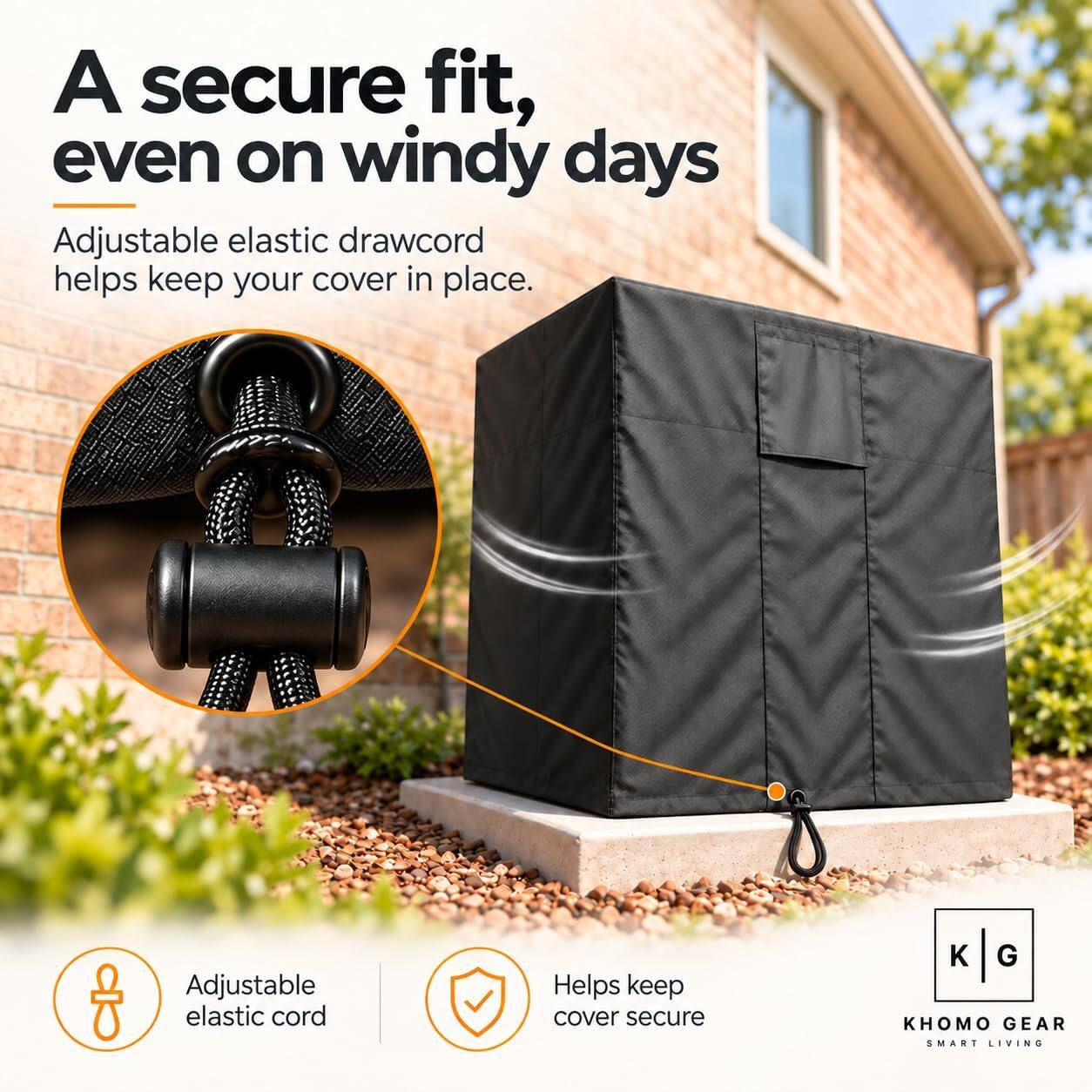 A secure fit, even on windy days  
Adjustable elastic drawcord helps keep your cover in place.  

Adjustable elastic cord  
Helps keep cover secure  

K G KHOMO GEAR SMART LIVING