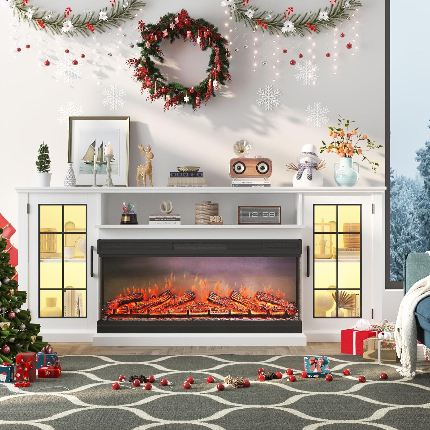 Qeetex - 75" 3-Sided Glass Fireplace TV Stand, Fits 85" TV, Rustic Console with LED Lights & Glass Door Storage