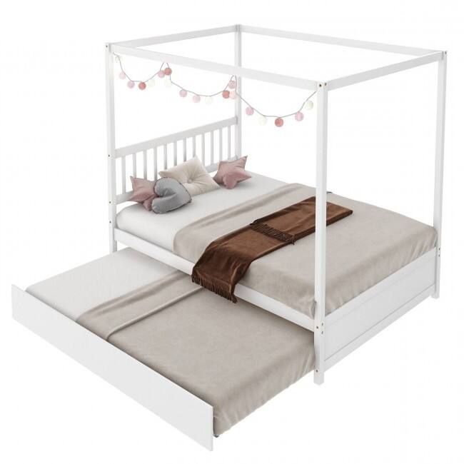 Angle. Hivvago - White Full Size Canopy Platform Bed with Twin Roller Trundle Bed - White.