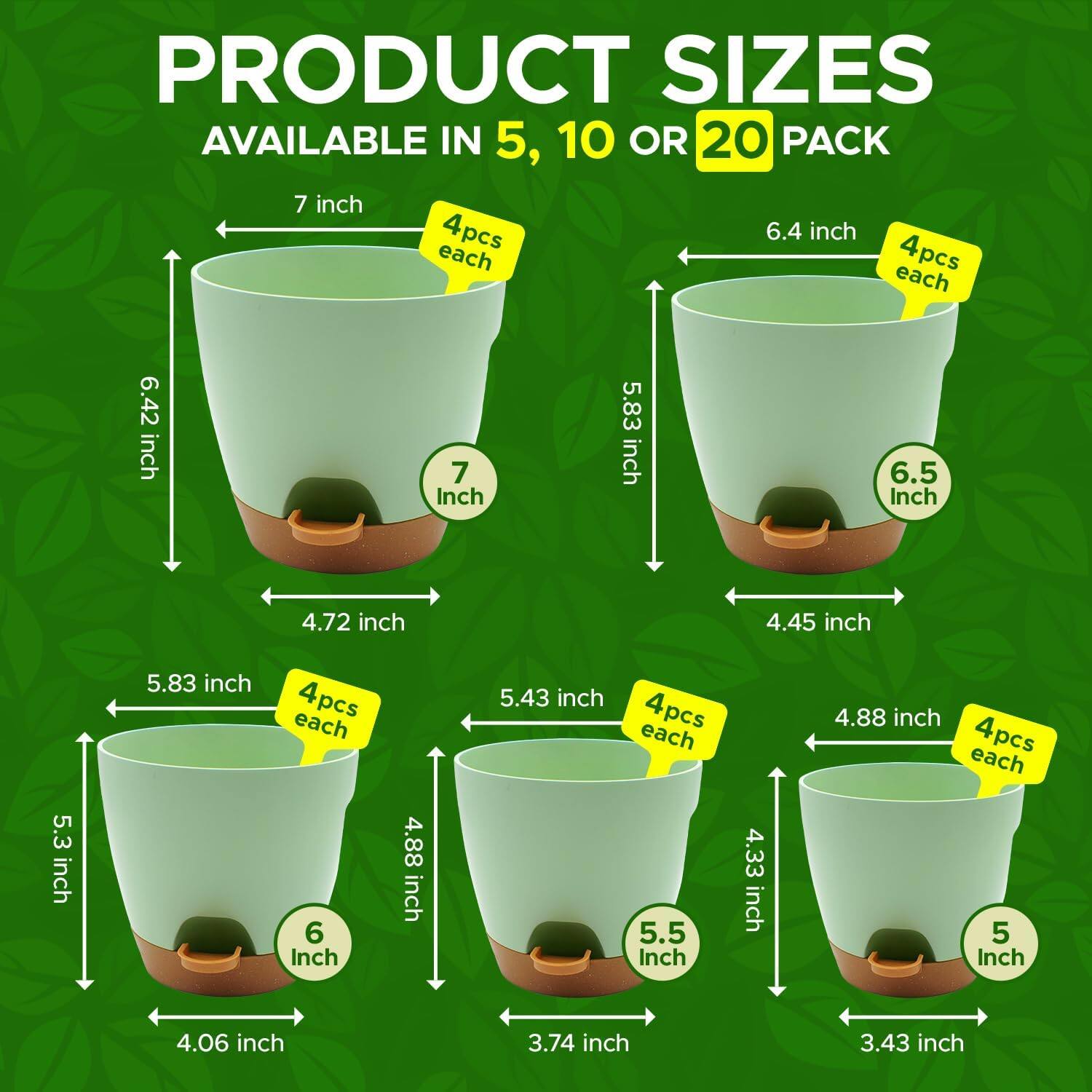 The product sizes available in 5, 10, or 20 packs are:

- 7 inch: 6.42 inch, 4.72 inch, 4 pcs each
- 6.5 inch: 5.83 inch, 4.45 inch, 4 pcs each
- 6 inch: 5.43 inch, 4.88 inch, 4 pcs each
- 5.5 inch: 4.88 inch, 4.33 inch, 4 pcs each
- 5 inch: 4.06 inch, 3.74 inch, 3.43 inch, 4 pcs each