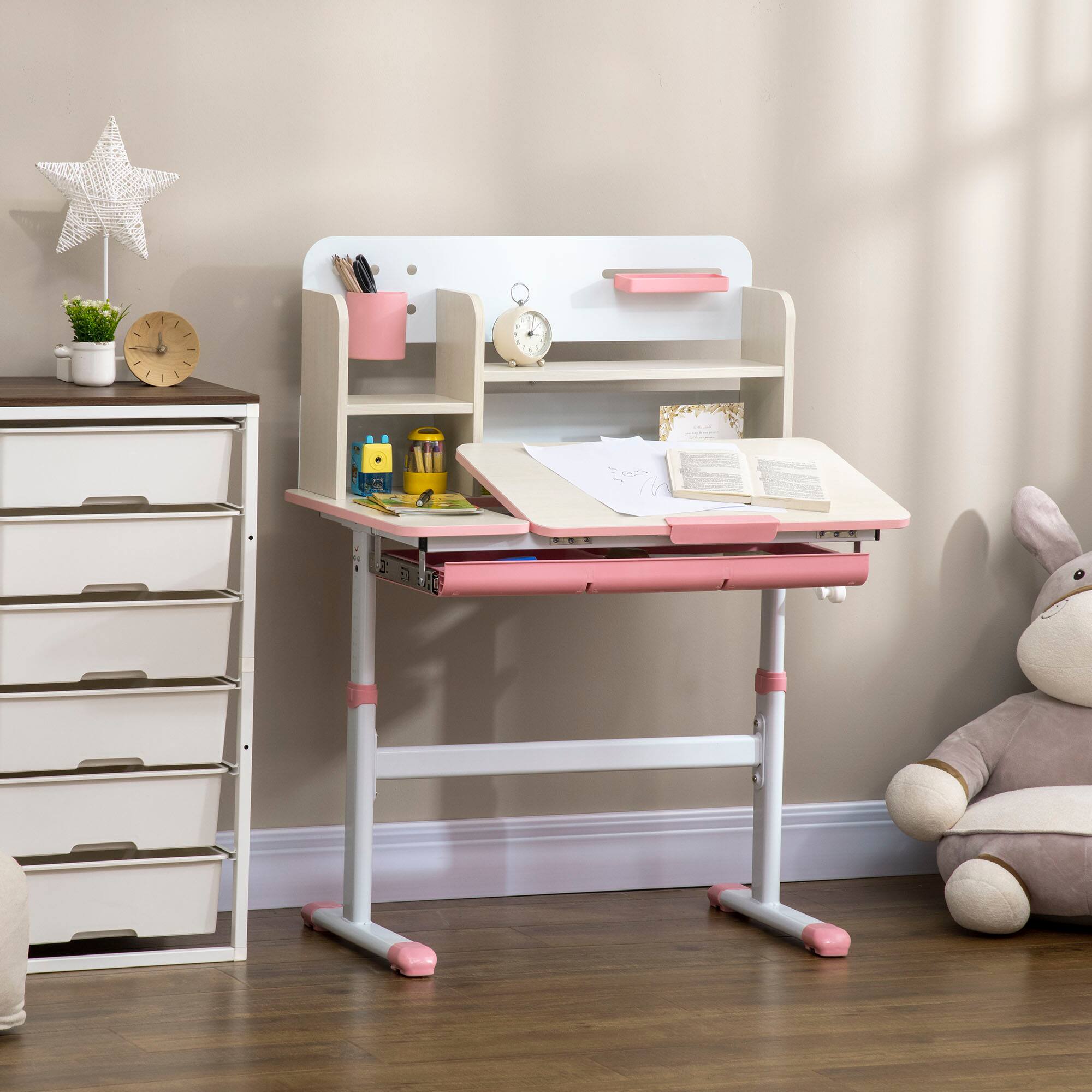 Alt View 1. Qaba - Kids Study Desk, Height Adjustable Children School Study Table - Pink.