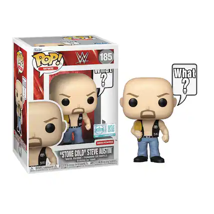 Sure, here is the corrected and grouped text from the image:
---
**Top Left:**
- "POP! WWE"
- "185"
- "What?"
**Top Right:**
- "What?"
**Center:**
- "STONE COLD" STEVE AUSTIN
- "VINYL FIGURE"
- "MINIATURE FIGURE"
- "9500 PCS/PZS"
- "ORIGINAL"
**Bottom Left:**
- "9500 PCS/PZS"
**Bottom Center:**
- "STONE COLD" STEVE AUSTIN
- "VINYL FIGURE"
- "MINIATURE FIGURE"
- "9500 PCS/PZS"
**Bottom Right:**
- "3-16"
**Bottom Center (on the figure):**
- "3-16"
**Bottom Center (on the box):**
- "©2021 FUNKO"
- "©2021 WWE"
**Bottom Center (on the box):**
- "FUNKO POP! VINYL FIGURE"
- "MINIATURE FIGURE"
- "9500 PCS/PZS"
**Bottom Center (on the box):**
-