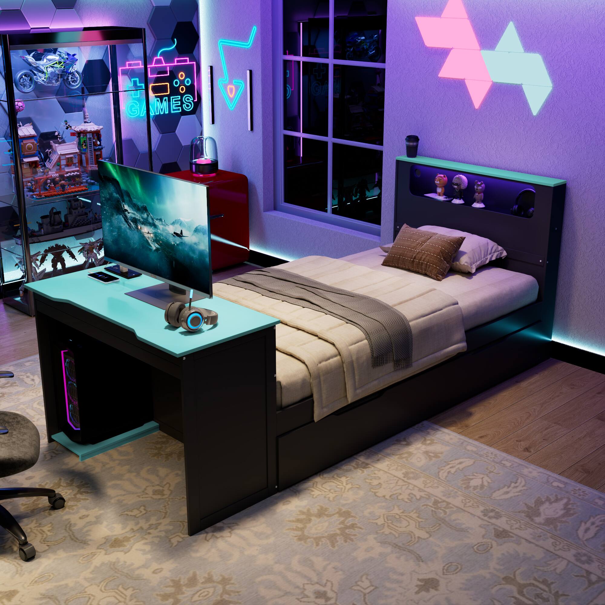 Front. Anysun - Twin Size Wood Daybed with Twin Size Trundle,Desk,LED light and USB - Blue.