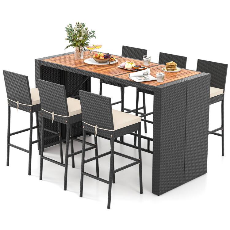 Angle. Mondawe - 7-Piece Patio Rattan Bar Set w/ Cushions, Outdoor Bar Table with Acacia Wood Top and 6 Stools - Black.