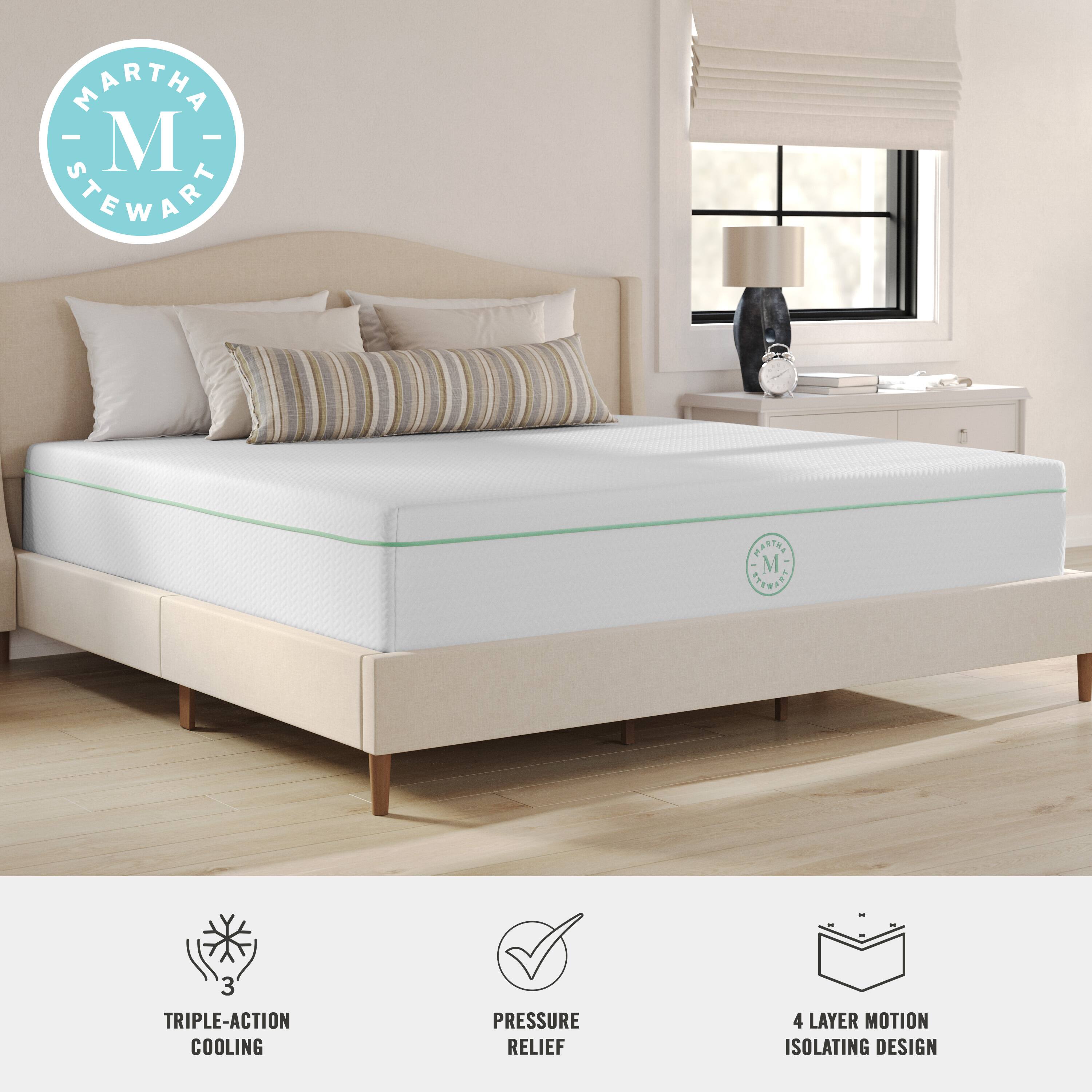 Martha Stewart is the brand of the bed in the image. The bed features a triple-action cooling, pressure relief, and 4-layer motion isolating design.
