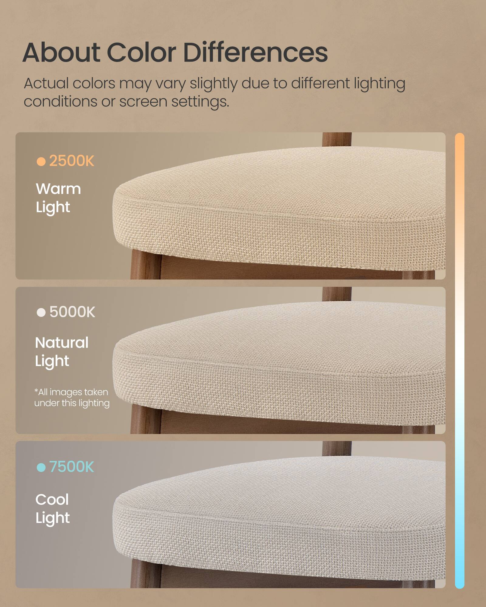 About Color Differences

Actual colors may vary slightly due to different lighting conditions or screen settings.

- 2500K Warm Light
- 5000K Natural Light  
  *All images taken under this lighting
- 7500K Cool Light