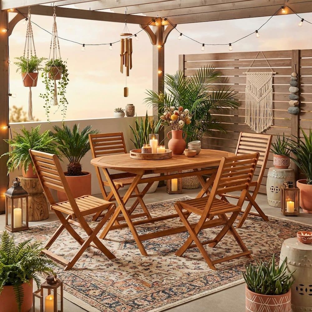 Outdoor Escape - Oil-Finish Wooden Patio Dining Table Set with 4 Outdoor Chairs - Brown