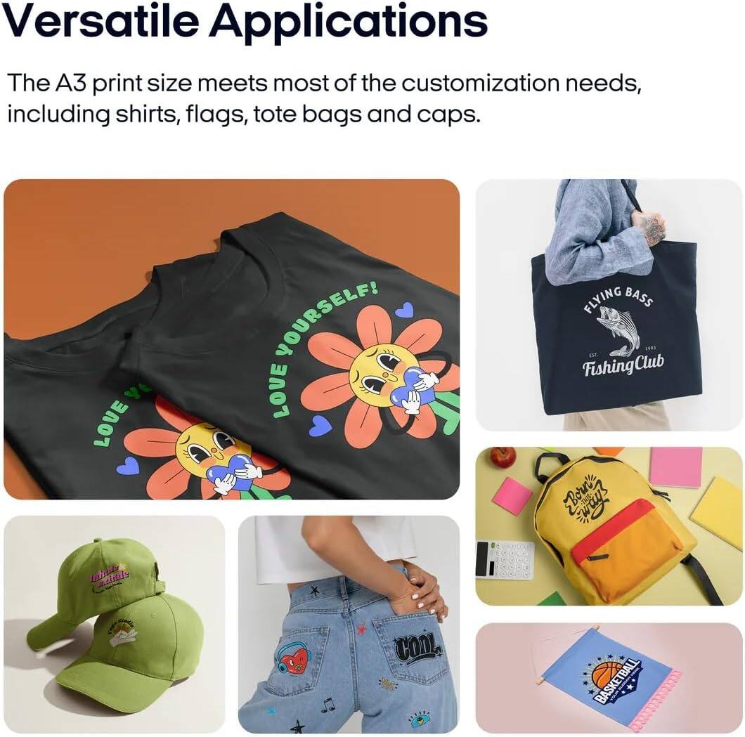 Versatile Applications

The A3 print size meets most of the customization needs, including shirts, flags, tote bags and caps.

LOVE YOURSELF!  
LOVE FLYING BASS IN FishingClub  
Boun's ways  
Inherit ids  
COn GSSOE  
BASKETBALL  
020277277200