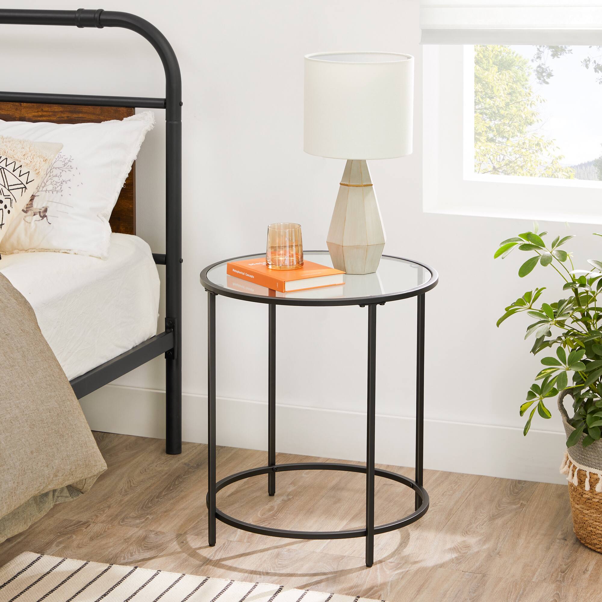 Back. Songmics Home - Round Side Table, Glass End Table with Metal Frame, Gold Coffee Table with Modern Style, for Living Room, Balcony - Black and Transparent.