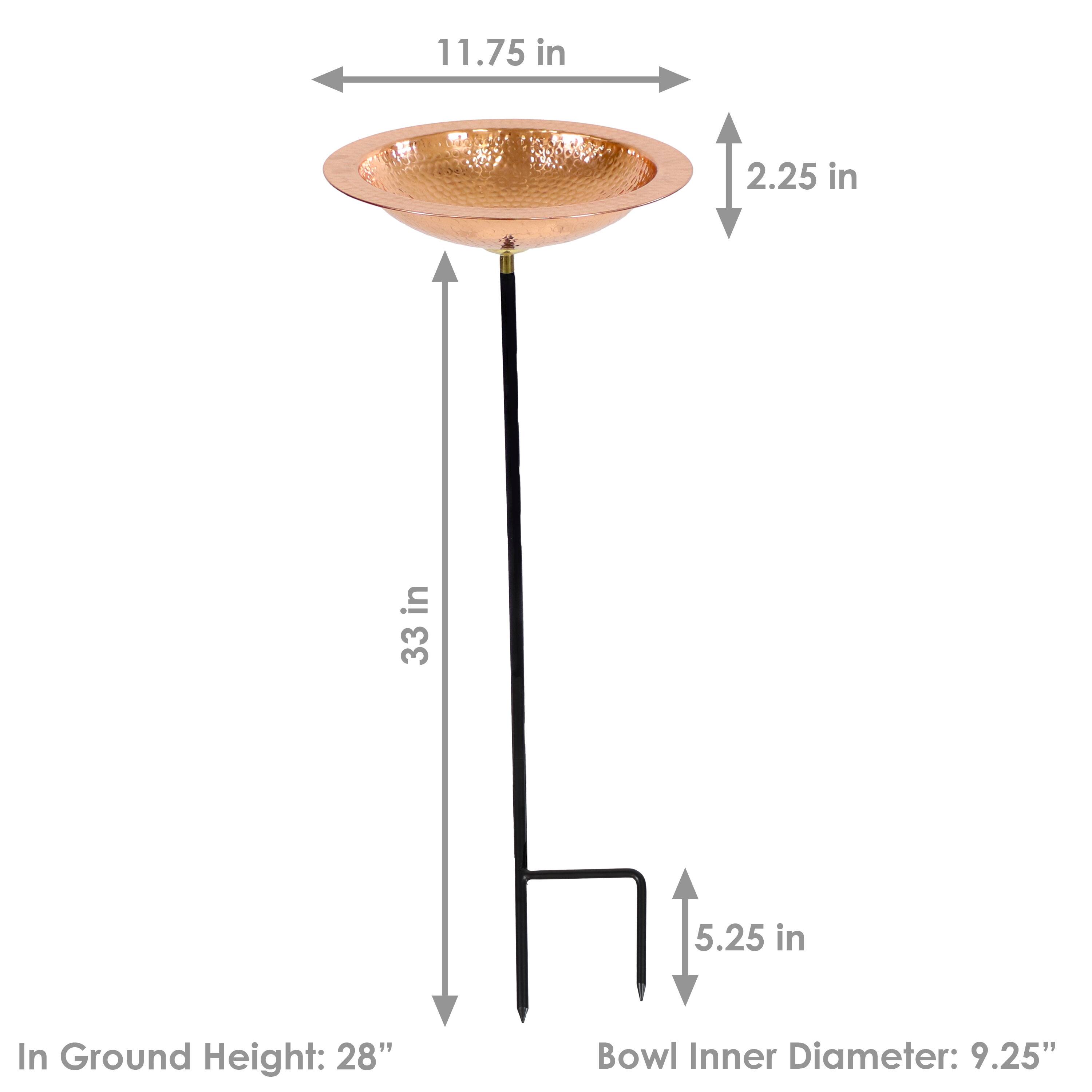 - In Ground Height: 28"
- Bowl Inner Diameter: 9.25"
- Height: 33 in
- Bowl Diameter: 11.75 in
- Bowl Depth: 2.25 in
- Base Width: 5.25 in