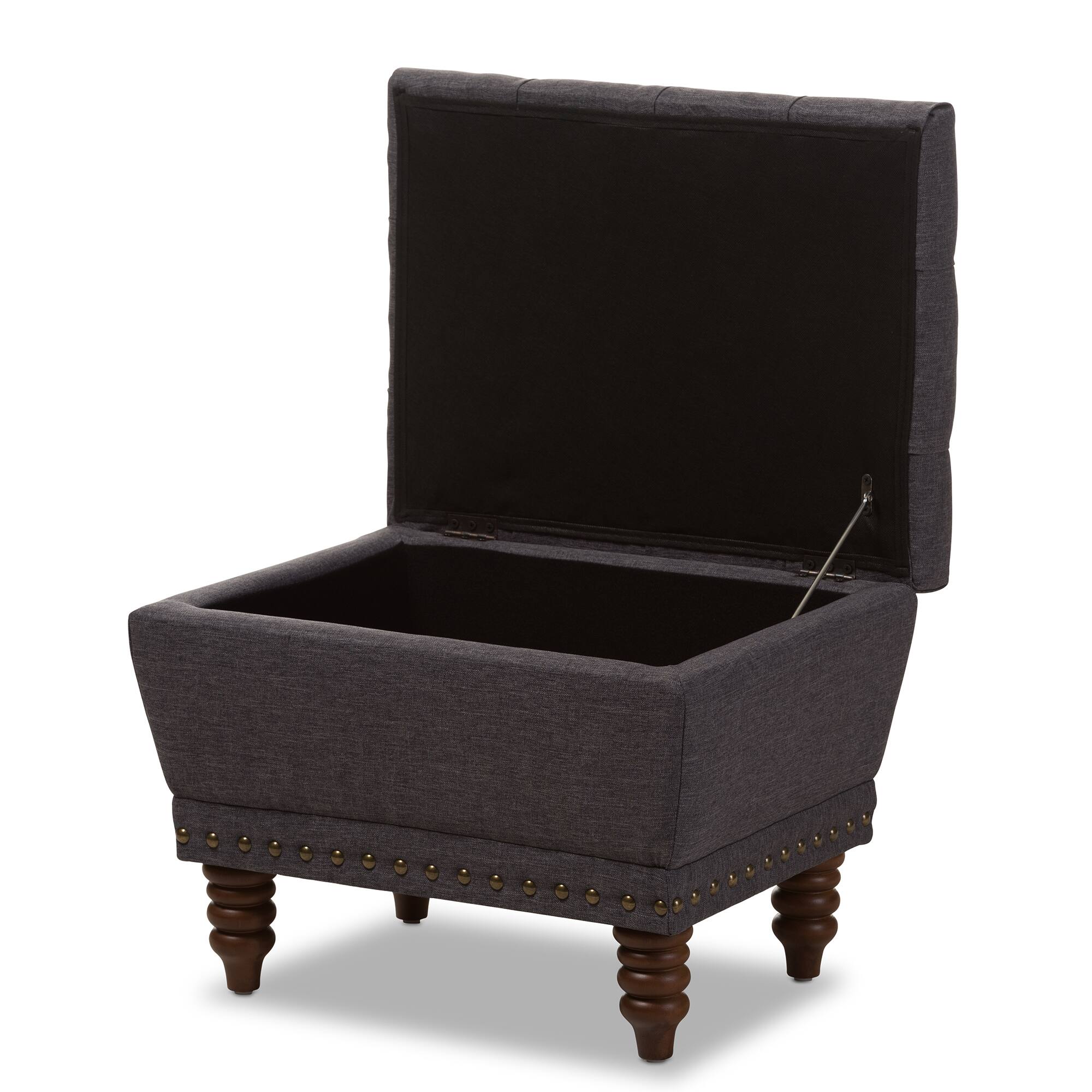 Back. Baxton Studio - Annabelle Modern and Contemporary Fabric Upholstered Walnut Wood Finished Button-Tufted Storage Ottoman - Dark Grey.