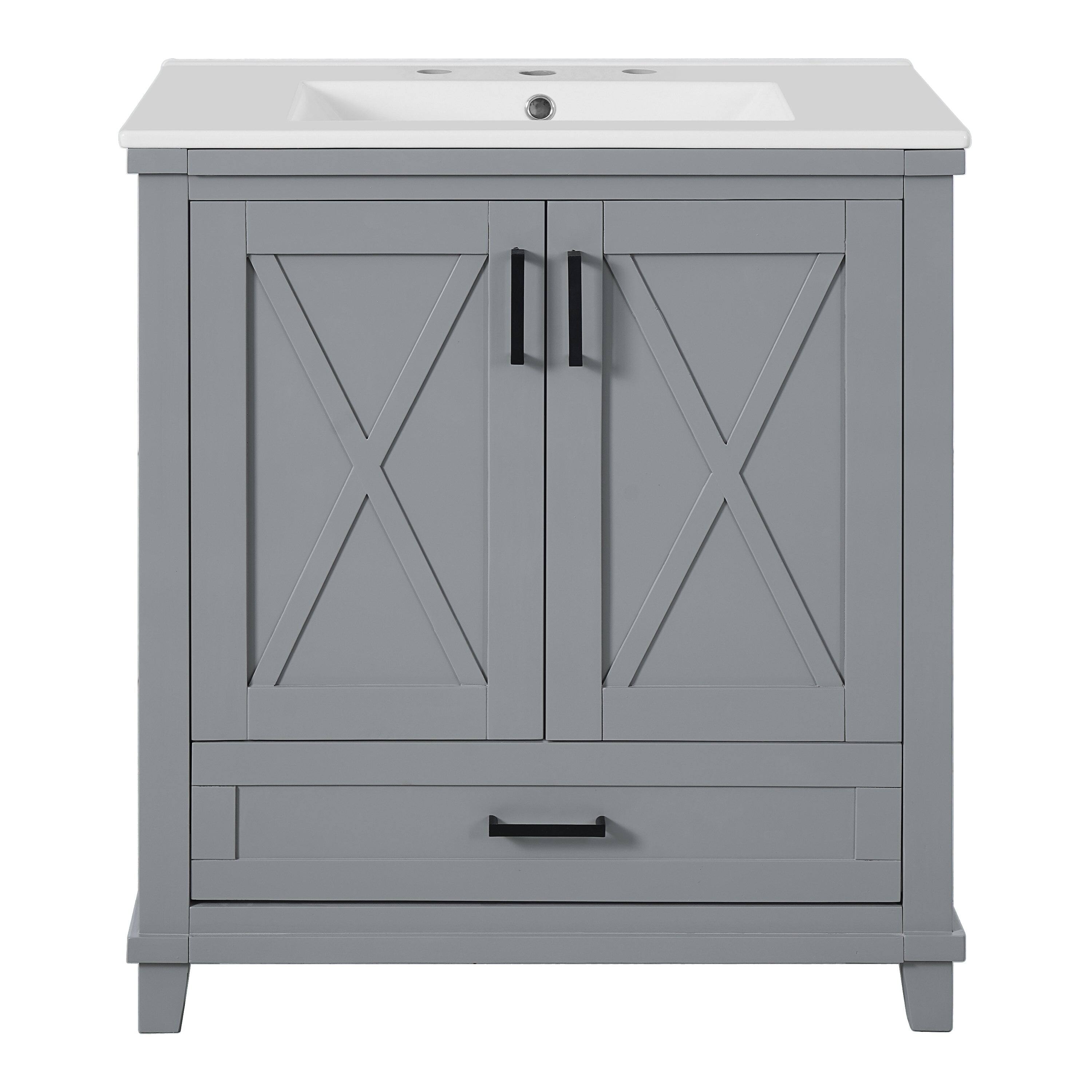 Alt View 10. Boyel Living - 30 Inch Gray Bathroom Vanity with Ceramic Sink Solid Wood Frame MDF 2 Soft Close Doors 1 Drawer Dual Storage Shelves - Gray.