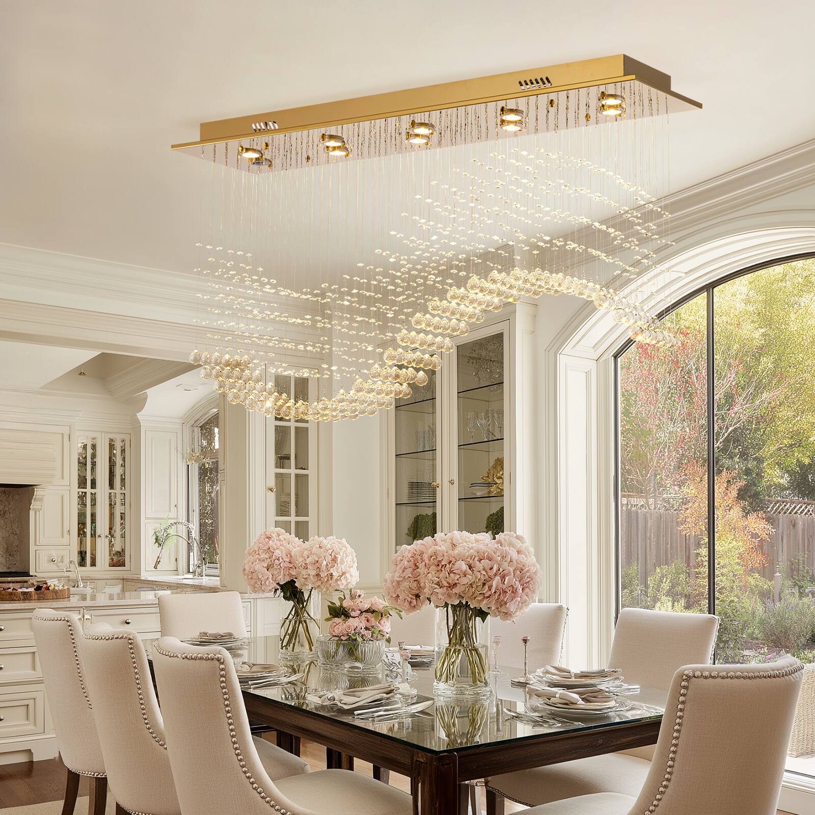 Left. Siljoy - 47-In 10-Light Chrome Square Crystal Chandelier, Wave Raindrop Flush Mount Ceiling Light for Dining Living Kitchen - Chrome.