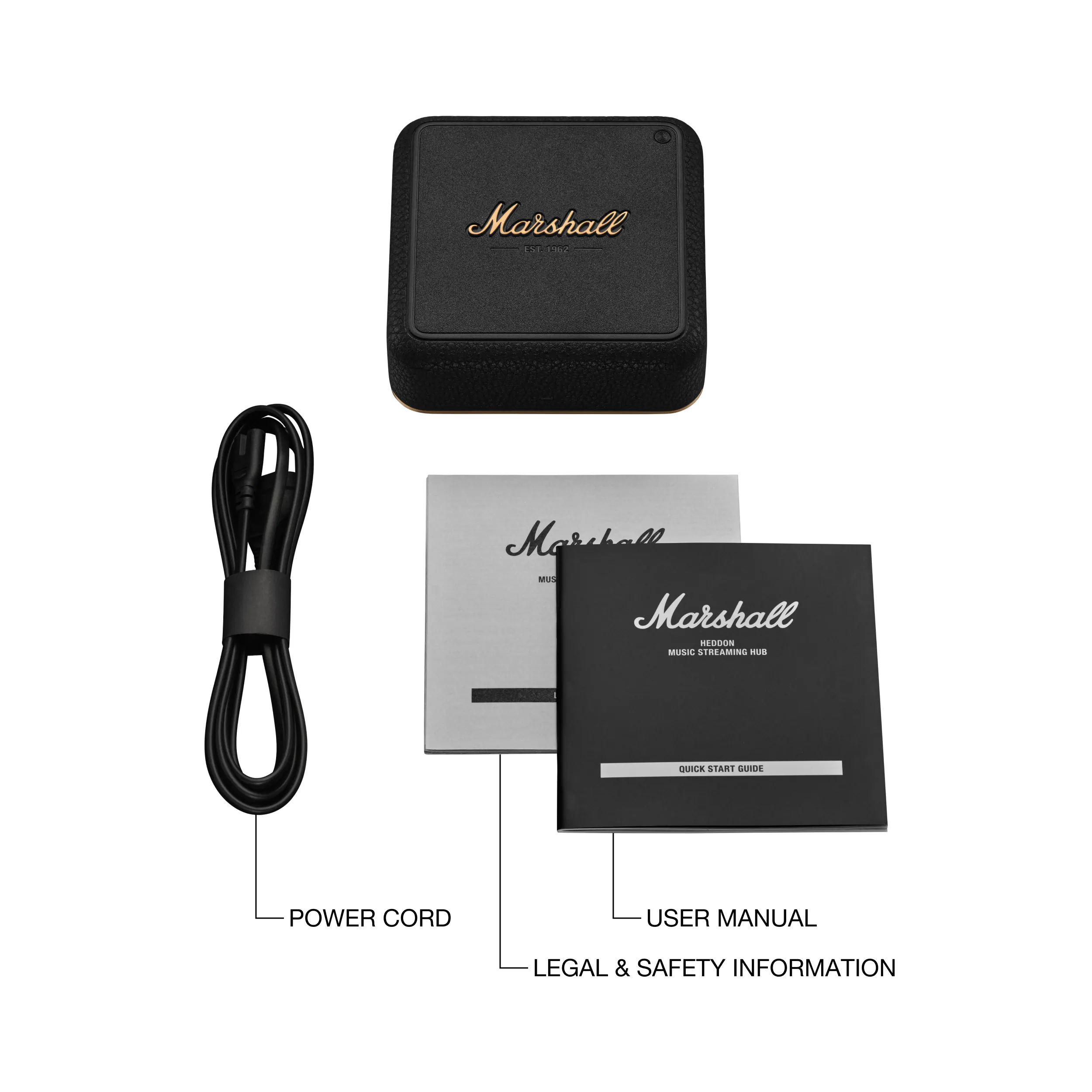 Marshall EST.1962

Marshall MUS Marshall HEDDON MUSIC STREAMING HUB

QUICK START GUIDE

POWER CORD

USER MANUAL

LEGAL & SAFETY INFORMATION