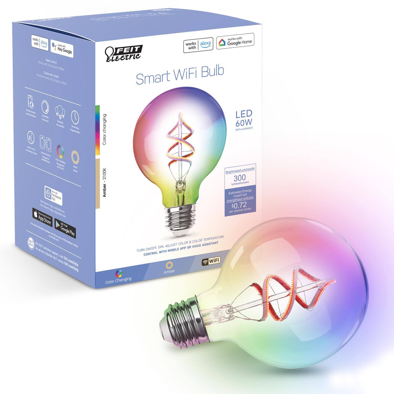 - Smart WiFi Bulb
- LED 60W REPLACEMENT
- Color Changing
- Works with Alexa Google Home
- Voice Assistant
- WiFi
- Color Temperature
- Amber
- Brightness: 300 lumens
- Estimated Energy Cost: $0.72 per year
- 2700K Warm White
- 6000K Cool White
- Color Changing
- Mobile App Control
- Voice Control
- WiFi Control
- Works with Google Assistant
- Works with Amazon Alexa