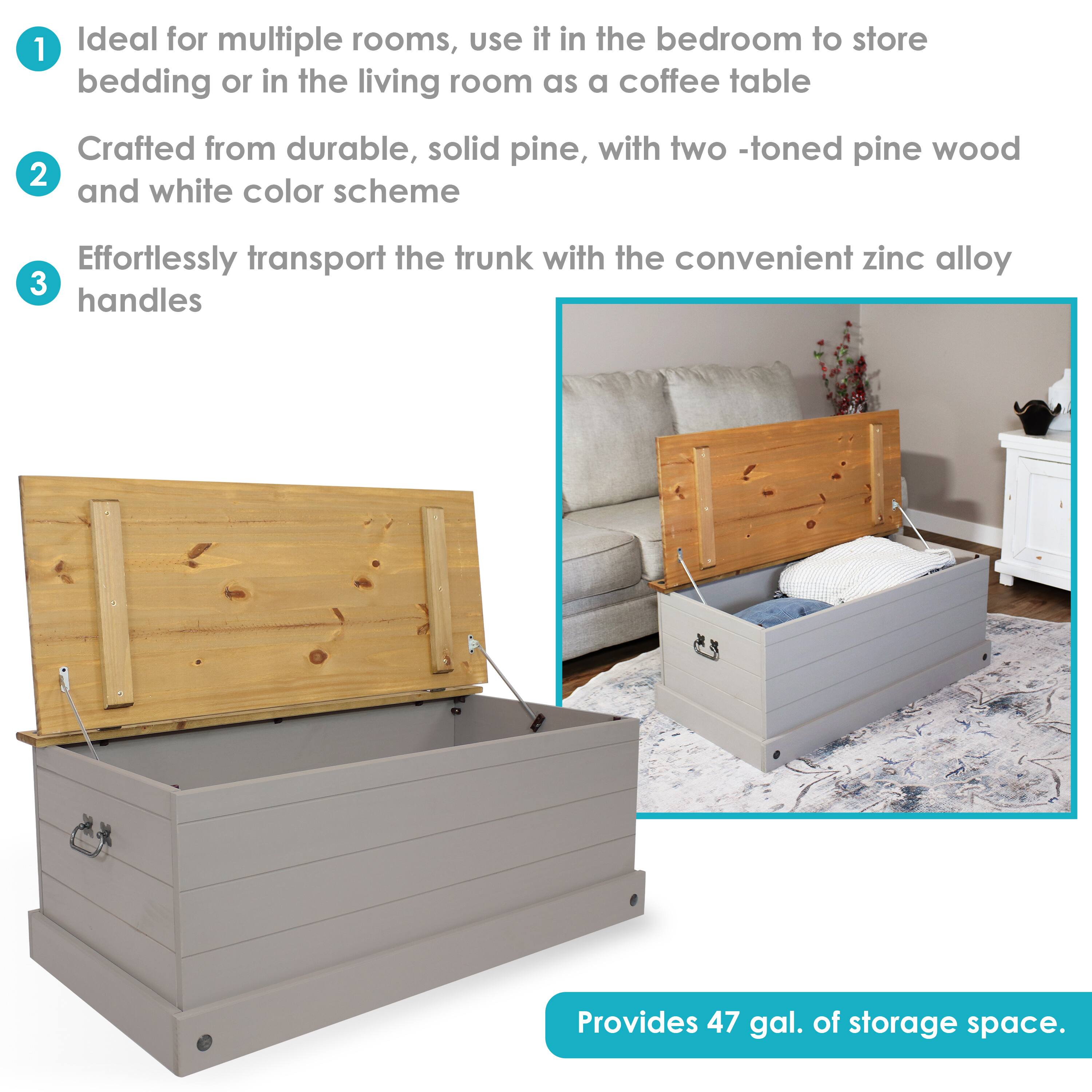 1. Ideal for multiple rooms, use it in the bedroom to store bedding or in the living room as a coffee table.
2. Crafted from durable, solid pine, with a two-toned pine wood and white color scheme.
3. Effortlessly transport the trunk with the convenient zinc alloy handles.
4. Provides 47 gal. of storage space.