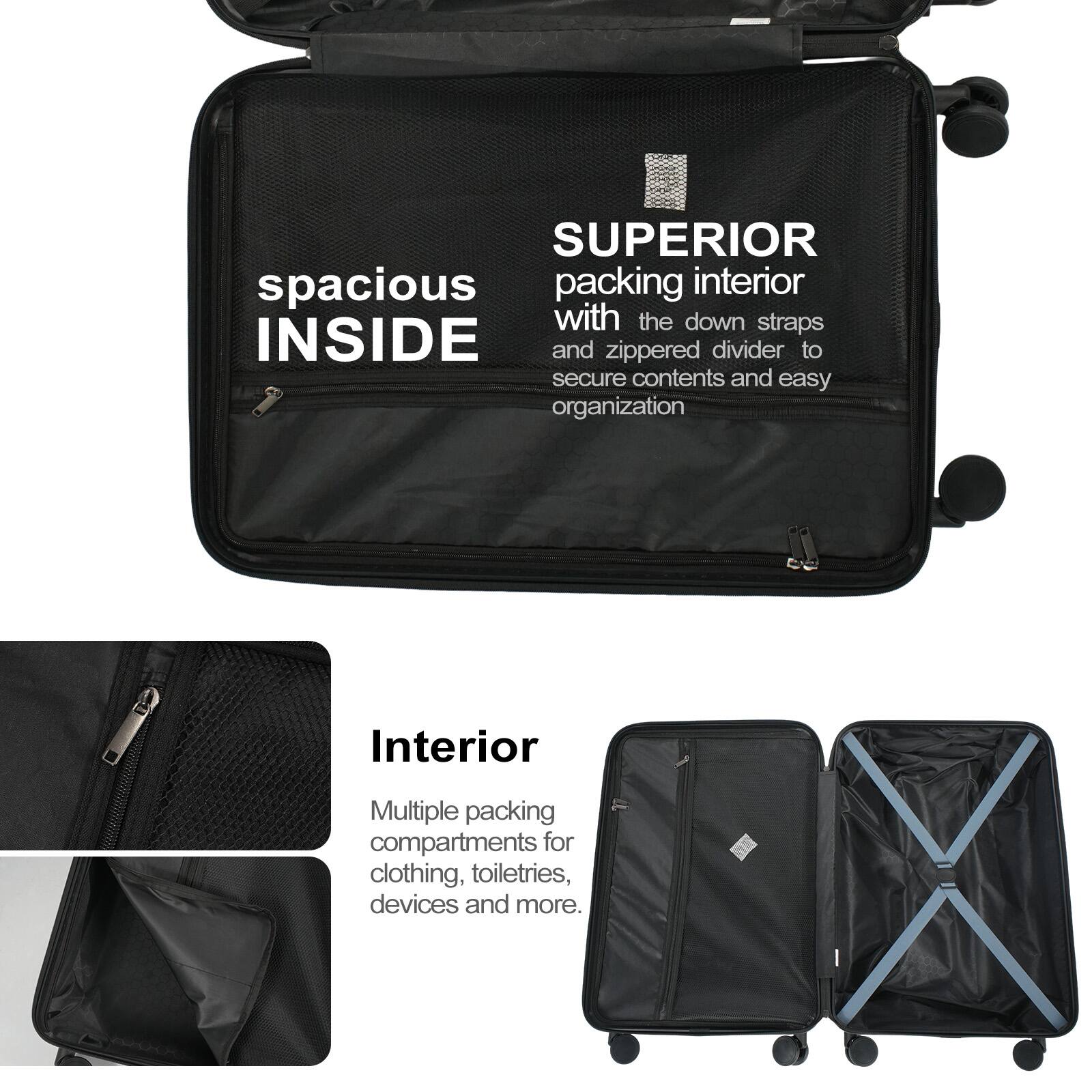 SUPERIOR spacious packing interior with the down straps INSIDE and zippered divider to secure contents and easy organization

Interior
Multiple packing compartments for clothing, toiletries, devices and more.