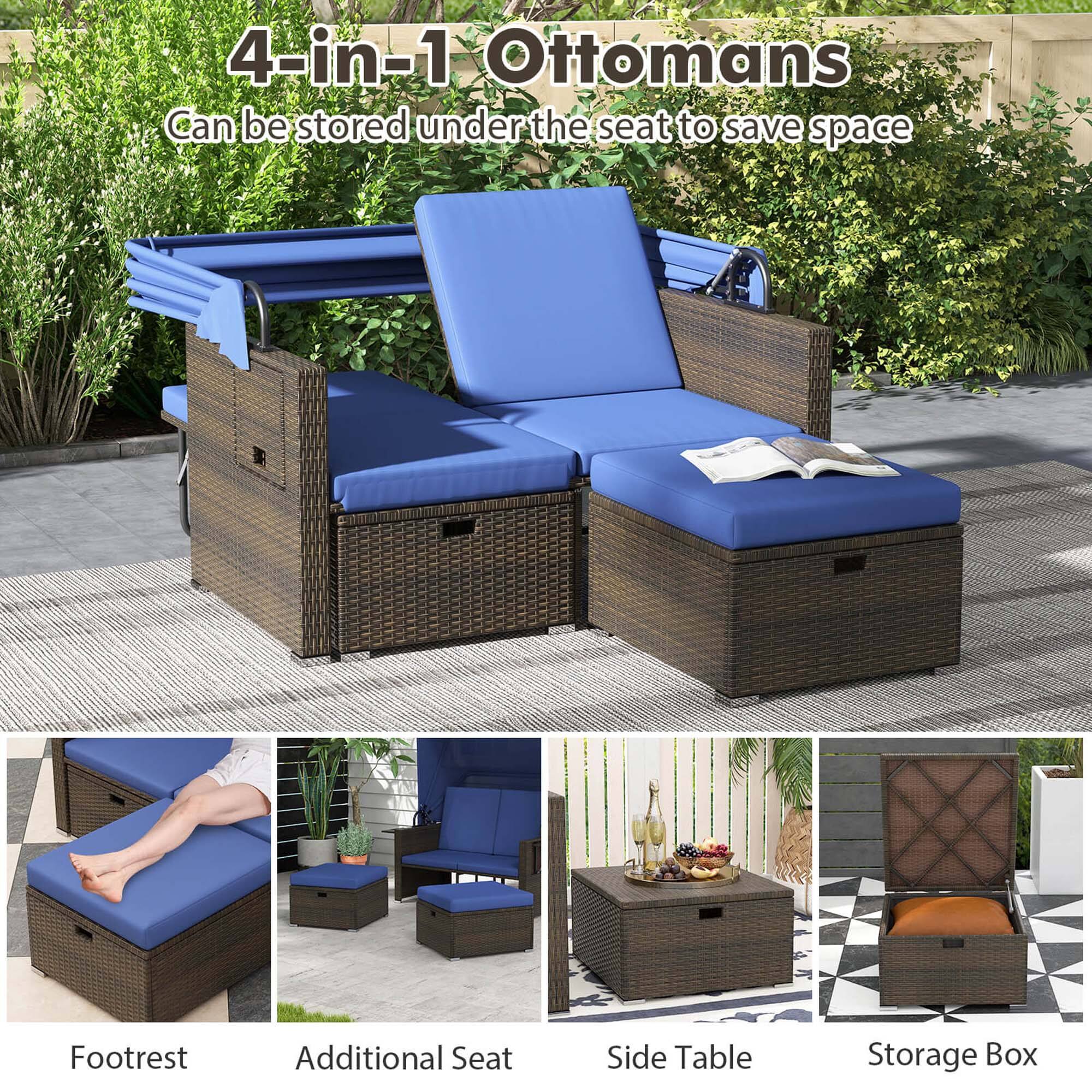 4-in-1 Ottomans: Can be stored under the seat to save space, Footrest, Additional Seat, Side Table, Storage Box