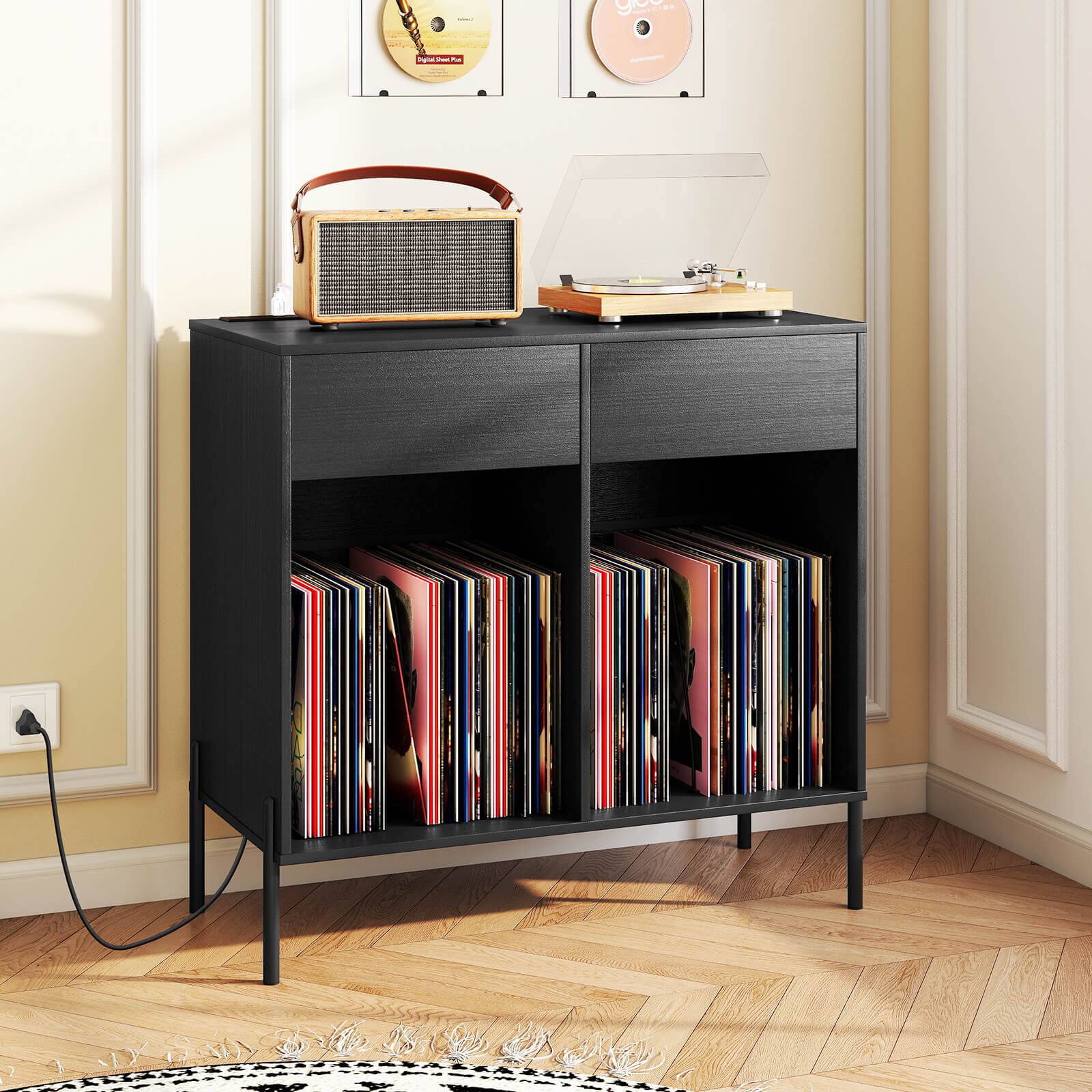 Alt View 5. Costway - Costway Large Record Player Stand with Charging Station Storage Compartments & 2 Drawers - Black.