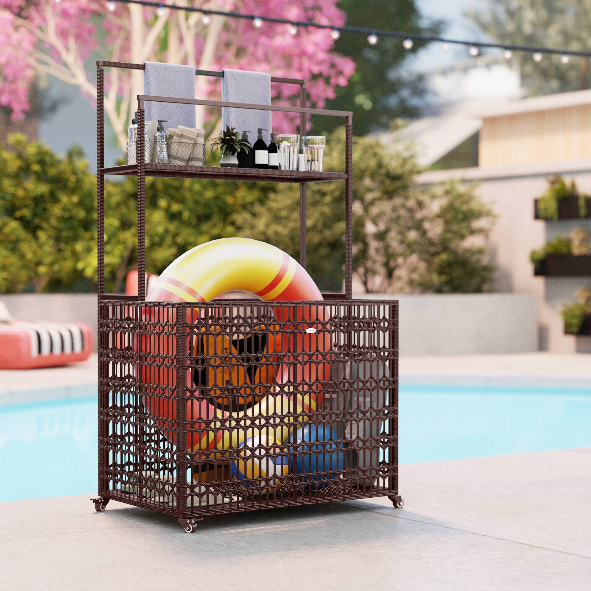 Alt View 4. Outsunny - Outsunny Wicker Pool Float Storage Organizer, PE Rattan Pool Float Holder with Basket Shelf Towel Bars - Mixed-brown.
