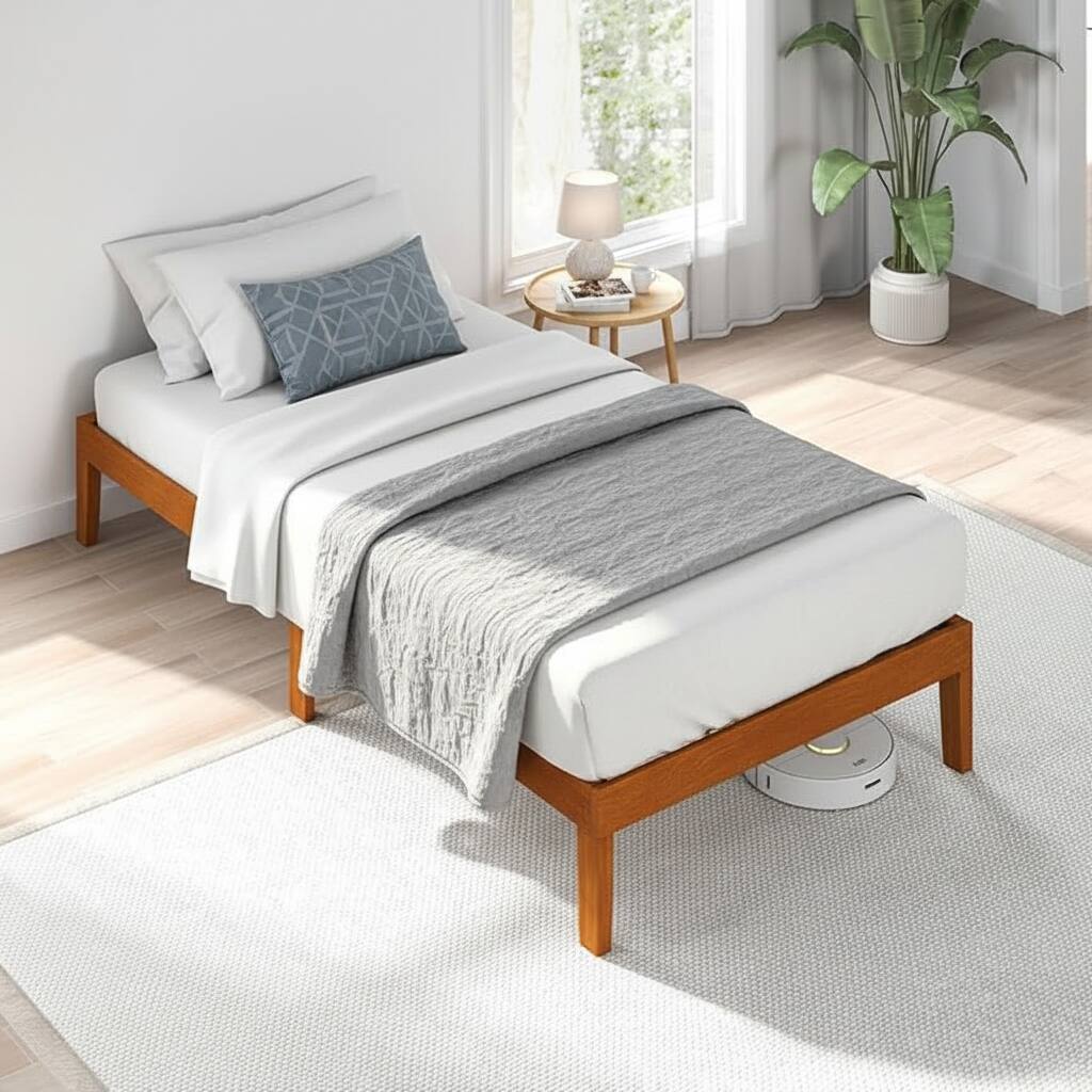 Alt View 4. AOITUN - Twin Solid Wood Platform Bed Frame, Low Profile 12 Inch, No Box Spring Needed, Minimalist Design for Dorm & Guest Room - brown.