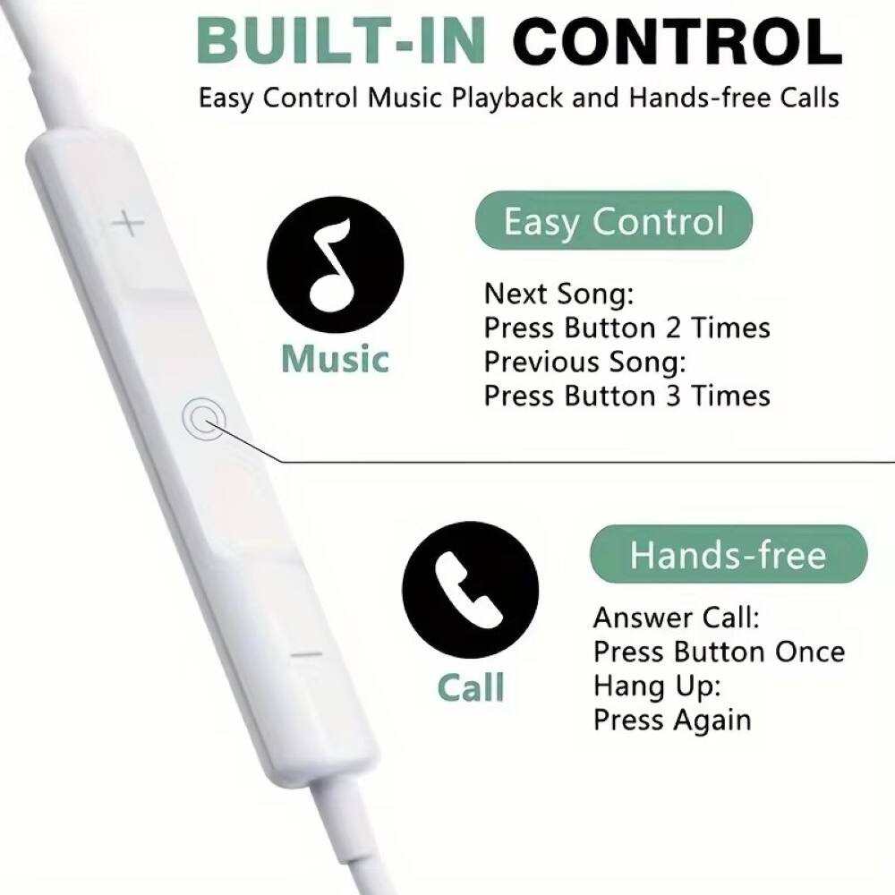 BUILT-IN CONTROL  
Easy Control Music Playback and Hands-free Calls  

**Easy Control**  
Next Song: Press Button 2 Times  
Previous Song: Press Button 3 Times  

**Hands-free**  
Answer Call: Press Button Once  
Hang Up: Press Again