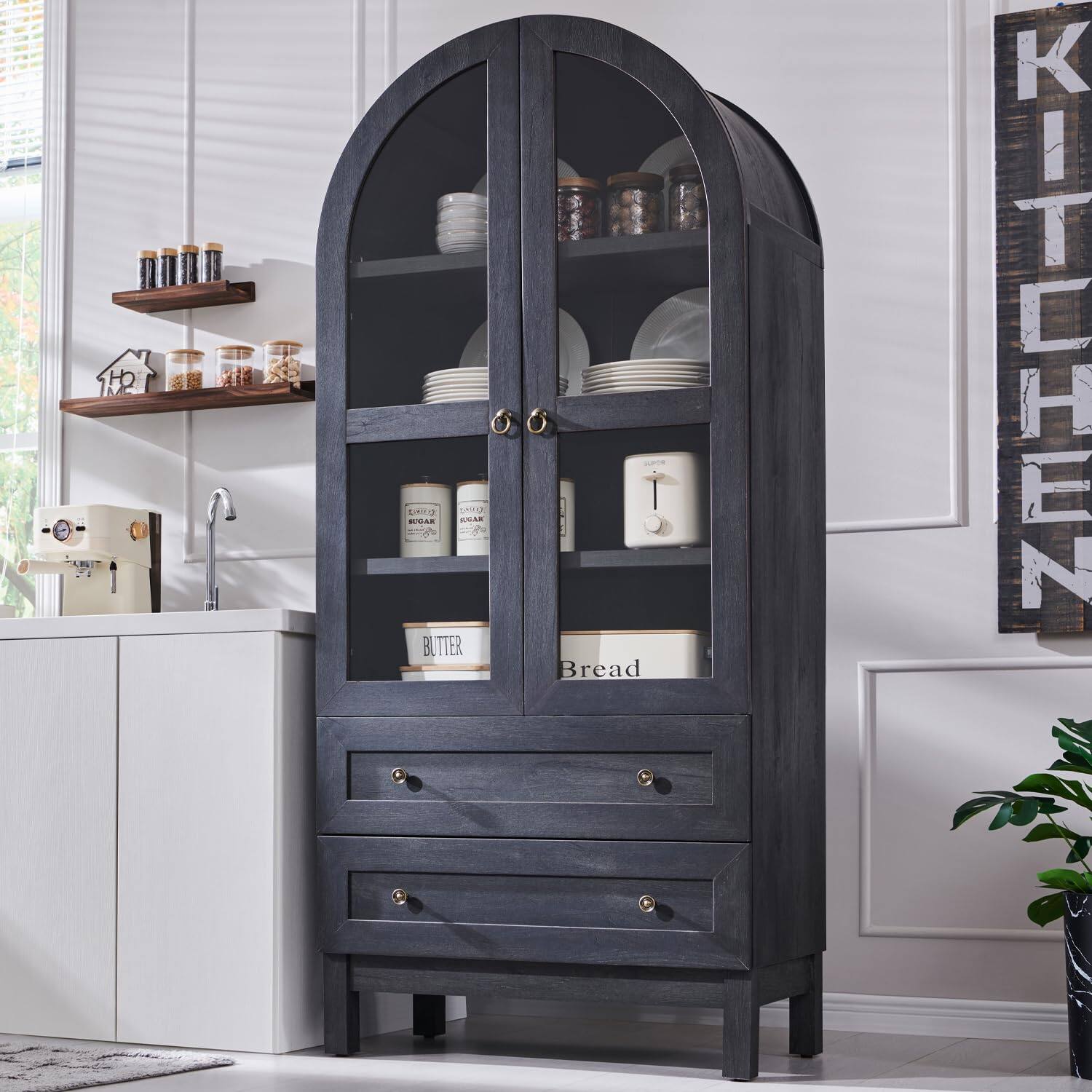 OMOMMD - 71" Tall Arched Pantry Cabinet with Drawers & Adjustable Shelves - Grey 1
