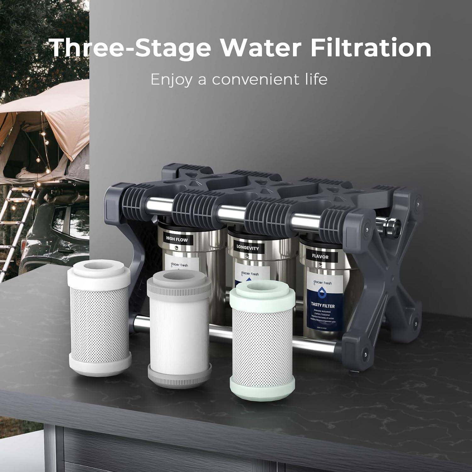 Three-Stage Water Filtration  
Enjoy a convenient life  

HIGH FLOW  
LONGEVITY  
FLAVOR  
TASTY FILTER