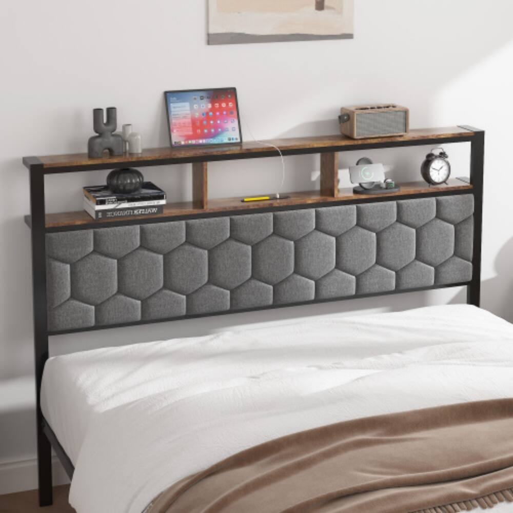 Alt View 1. LUCKY ONE - Full Size Wooden Platform Bed Frame with Upholstered Headboard, USB Charging Station, Under-Bed Storage - Brown.