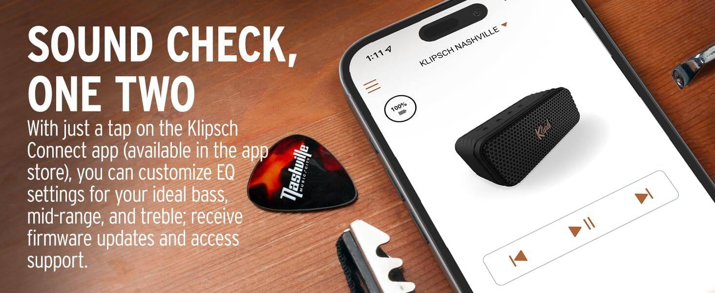 SOUND CHECK, ONE TWO

With just a tap on the Klipsch Connect app (available in the app store), you can customize EQ settings for your ideal bass, mid-range, and treble; receive firmware updates and access support.