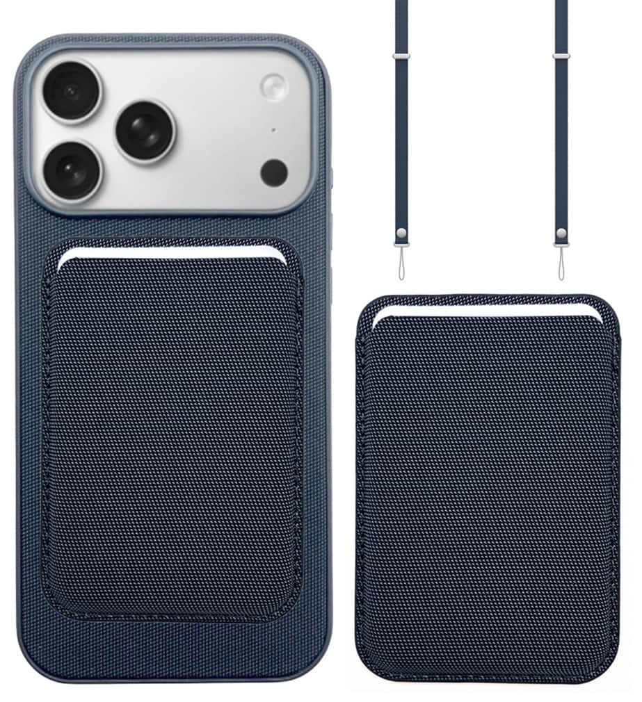 Nakedcellphone - Woven Combo for iPhone 17 Pro - Tough Case + Magnetic Wallet + Crossbody Strap (Compatible with MagSafe) - Navy Blue