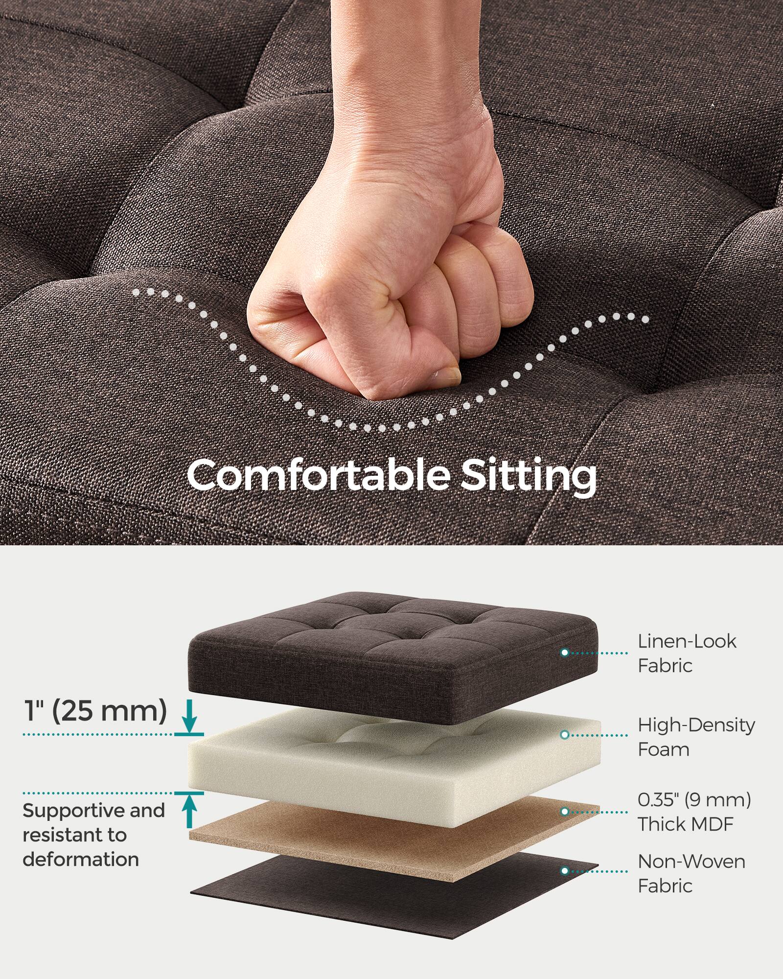 Comfortable Sitting  
Linen-Look Fabric  
1" (25 mm) High-Density Foam  
Supportive and resistant to deformation  
0.35" (9 mm) Thick MDF  
Non-Woven Fabric