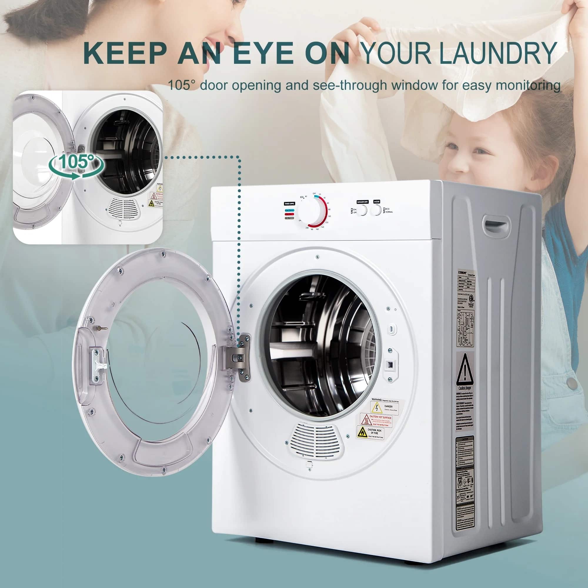 Keep an eye on your laundry. 105° door opening and see-through window for easy monitoring!