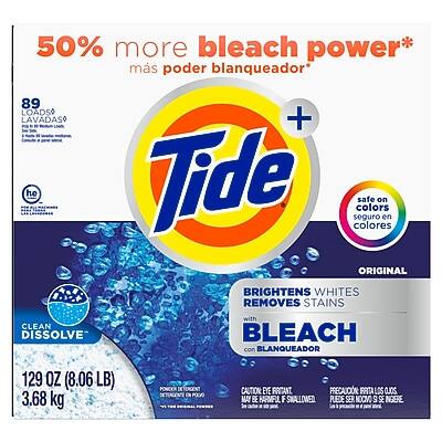 50% more bleach power*  
más poder blanqueador*  

89 LOADS  
89 LAVADAS  

Tide  
ORIGINAL  

safe on colors  
seguro en colores  

BRIGHTENS WHITES  
REMOVES STAINS  
con BLANQUEADOR  

CLEAN DISSOLVE  
LIMPIA Y DISSOLVE  

129 OZ (8.06 LB)  
3.68 kg  

POWDER  
POLVO  

CAUTION: EYE IRRITANT  
PRECAUCIÓN: IRRITANTE OCULAR  

MAY BE HARMFUL IF SWALLOWED  
PUEDE SER NOCIVO SI SE INGERE