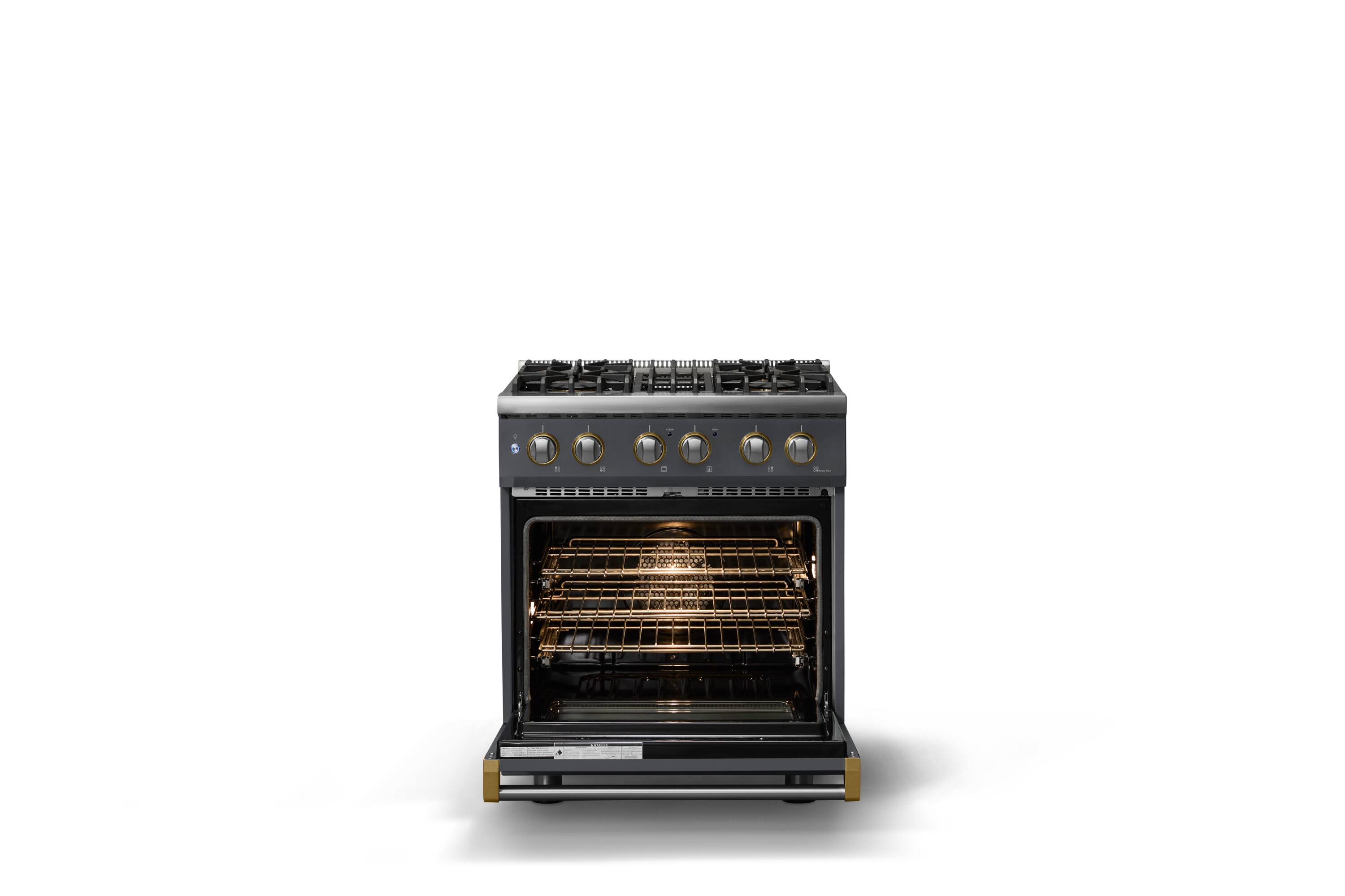 Alt View 2. Viking - Pro 5 Series 4.7 Cu. Ft. Freestanding Sealed 4 Burner DF Convection Range - Cast Black w. Brushed Brass Trim - Cast Black.