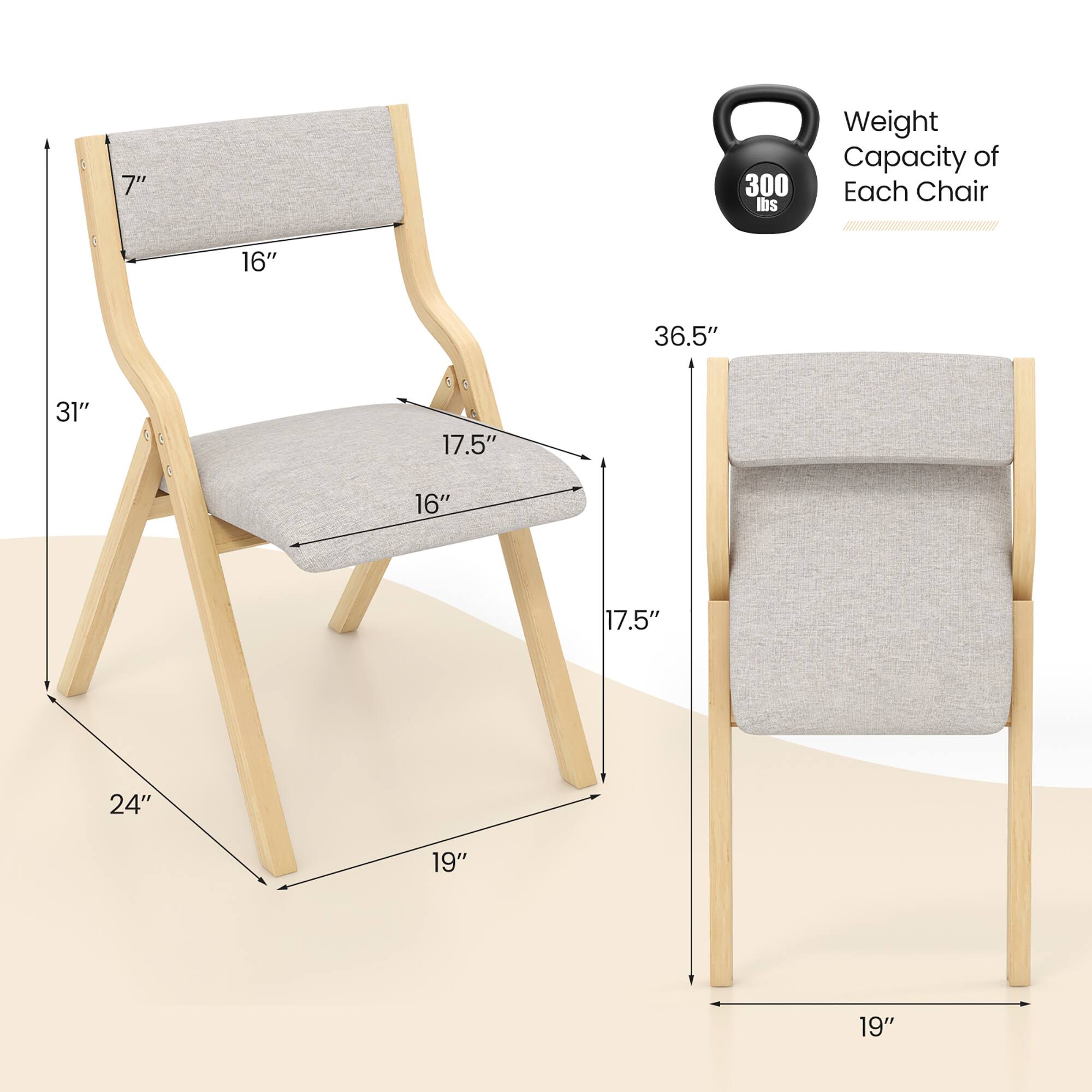 The corrected text is:

- Weight capacity of each chair: 300 lbs
- Dimensions: 
  - Height: 36.5"
  - Width: 31"
  - Depth: 17.5"
  - Seat height: 16"
  - Armrest height: 7"
  - Seat width: 17.5"
  - Seat depth: 16"
  - Overall width: 24"
  - Overall depth: 19"