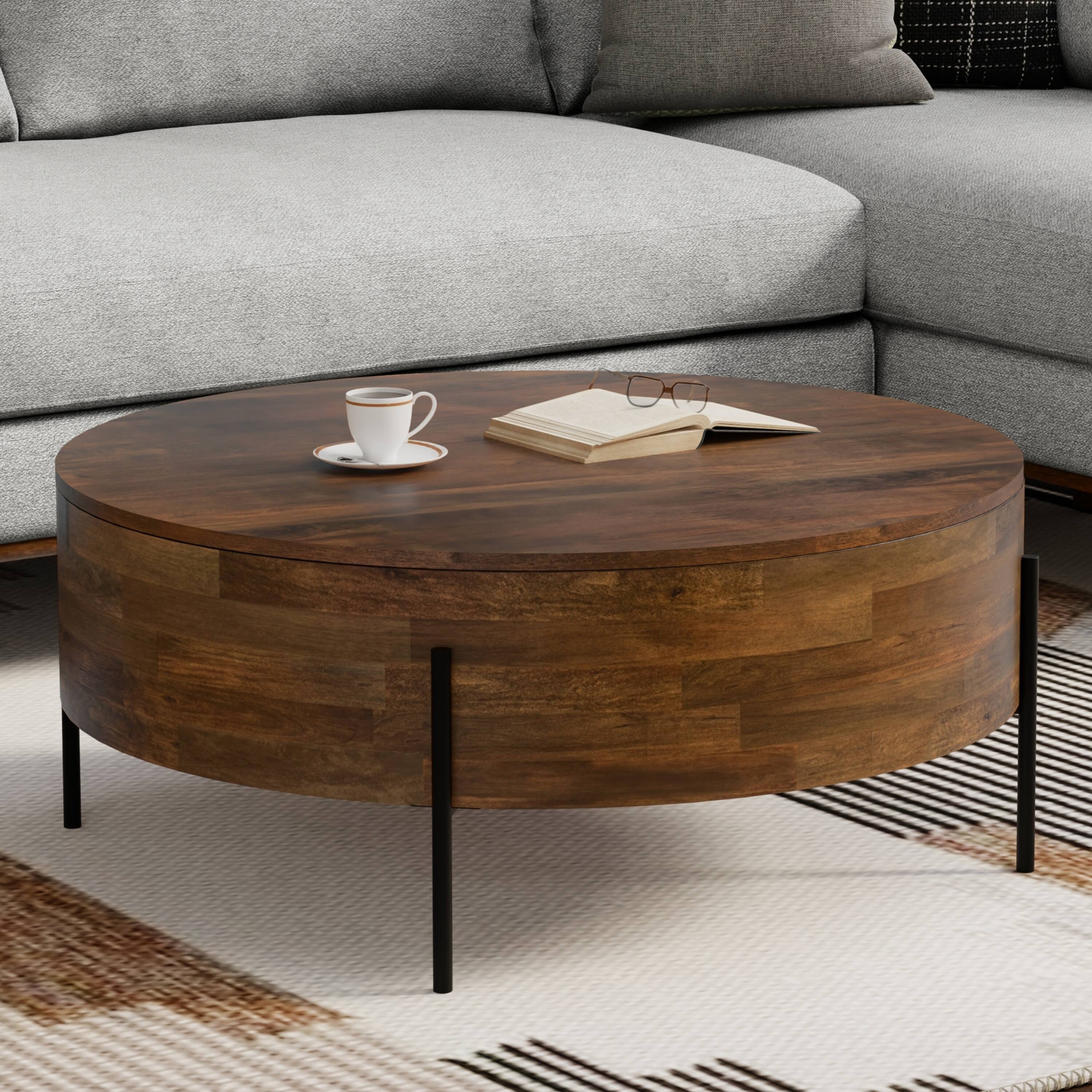 Angle. Simpli Home - Rayburn SOLID MANGO WOOD 38 inch Wide Round Modern Urban Drum Coffee Table in Walnut Brown - Walnut Brown.