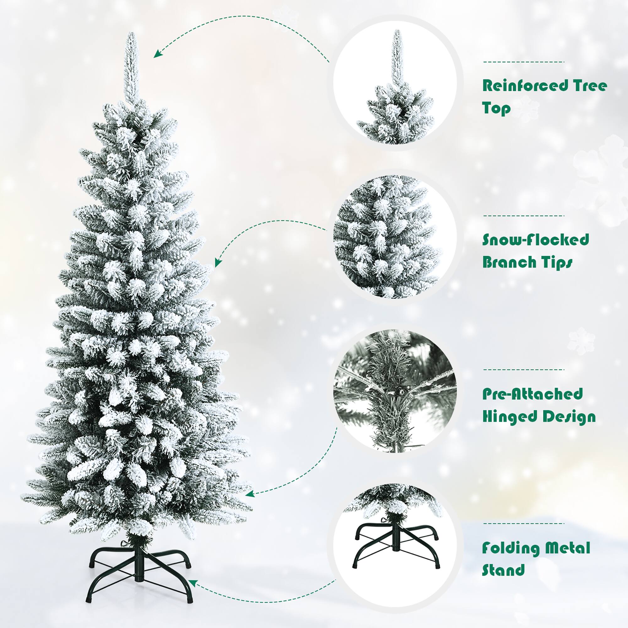 The image features a white Christmas tree with snow-flocked branches. The tree is reinforced at the top and has snow-flocked branch tips. It also has a pre-attached hinged design and a folding metal stand.