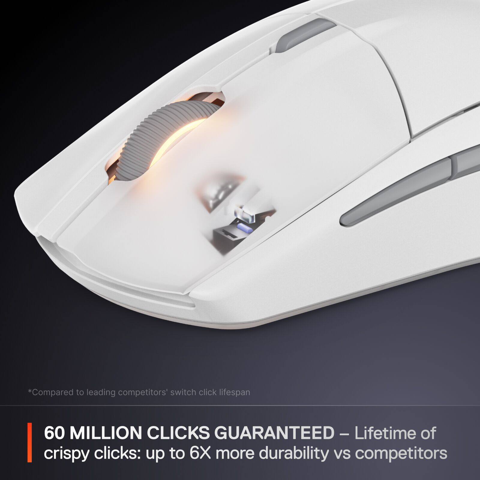 Compared to leading competitors' switch click lifespan, our product offers a 60 million clicks guarantee - that's a lifetime of crispy clicks, up to 6X more durability than competitors.
