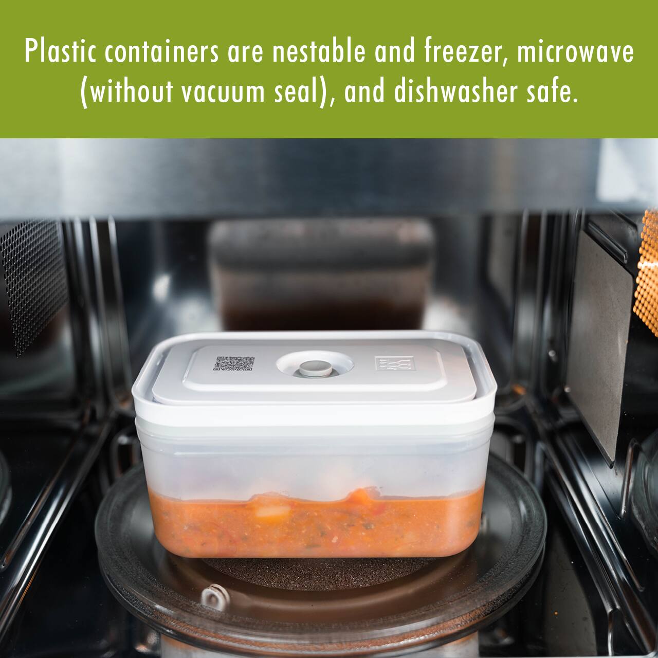 Plastic containers are nestable and freezer, microwave (without vacuum seal), and dishwasher safe.