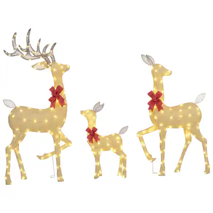 Front. Outsunny - 4.5ft 3-Piece Light Up Christmas Deer Family, Lighted Reindeer Christmas Decorations with 3 LED Light Modes for Outdoor - Gold.